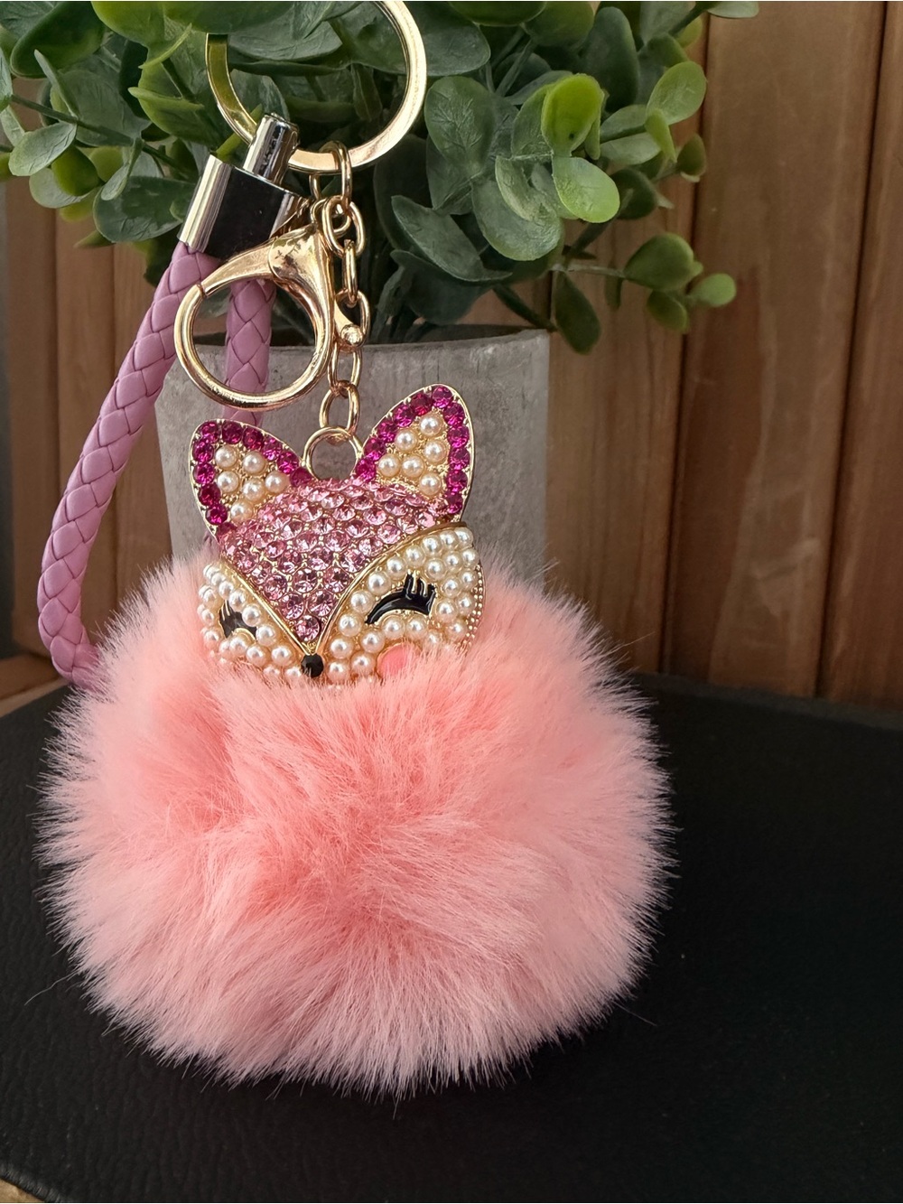 Pink Fox Pom Pom Keychain, Kawaii Coquette Purse Charm Braided Wristlet - Picture 2 of 4